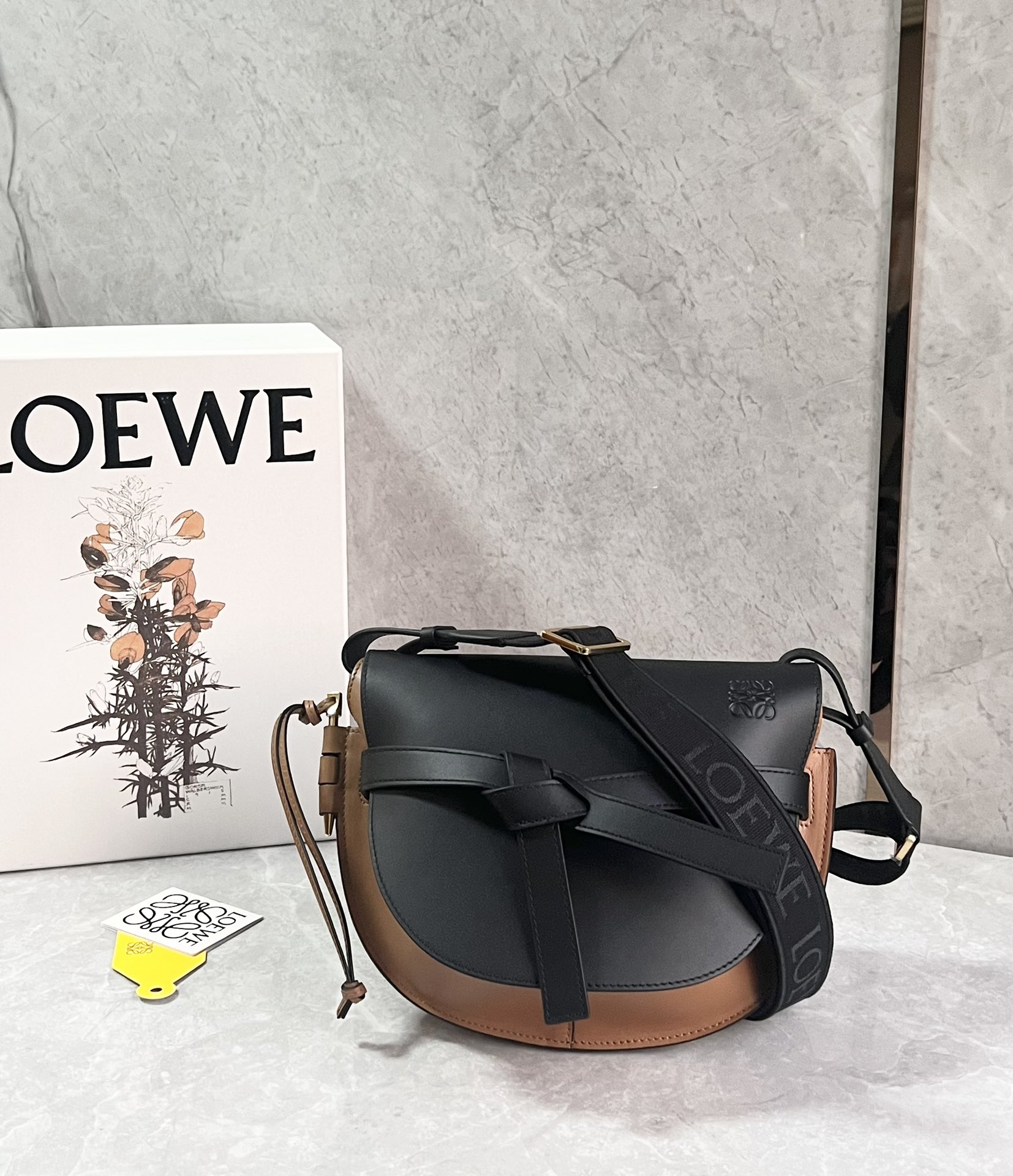 Loewe Small Gate Dual Bag in Soft Calfskin and Jacquard Black/Brown